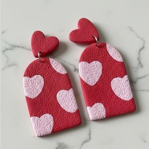Heart Print Arched Dangle - Handmade Earrings- Red/Pink